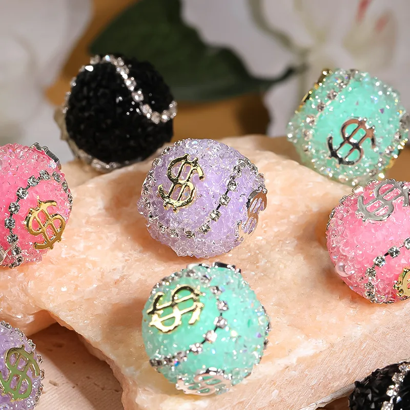 Metal USD Dollars Patch Decorated Candy Resin Rhinestones Round Ball Beads Fit Gumball Bubbleugm Necklace DIY Pen 10pcs 19mm