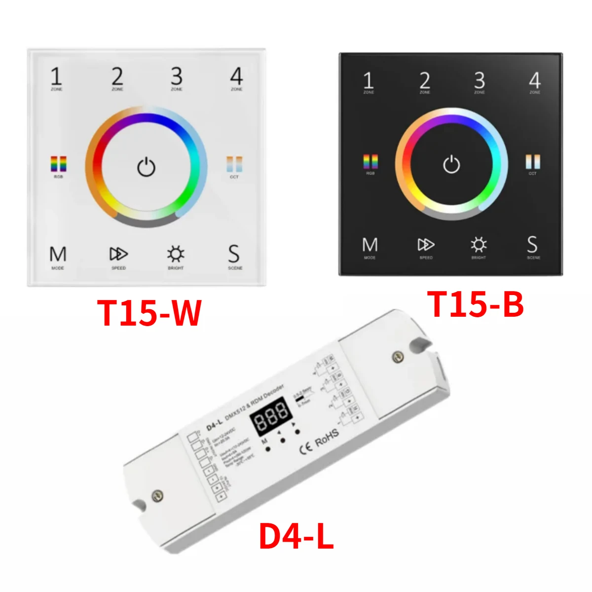 4 Zones Wall Touch Panel 5 IN 1 DMX Master Controller 110-220VAC 2.4G RF Glass Dimmer For Single Color/CCT/RGB/RGBW/RGB+CCT Tape