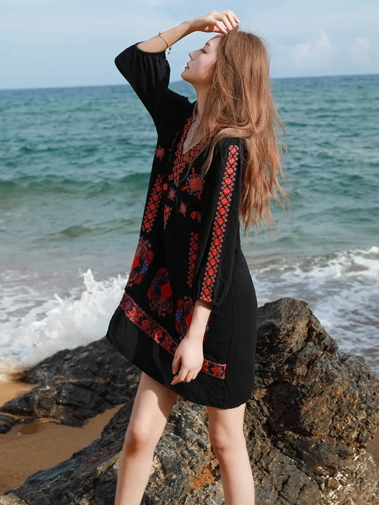 KHALEE YOSE Boho Floral Embroidery Summer Dress Loose Black Cotton Long Sleeve V-neck Women Vocation Ladies Dresses Vestidos New