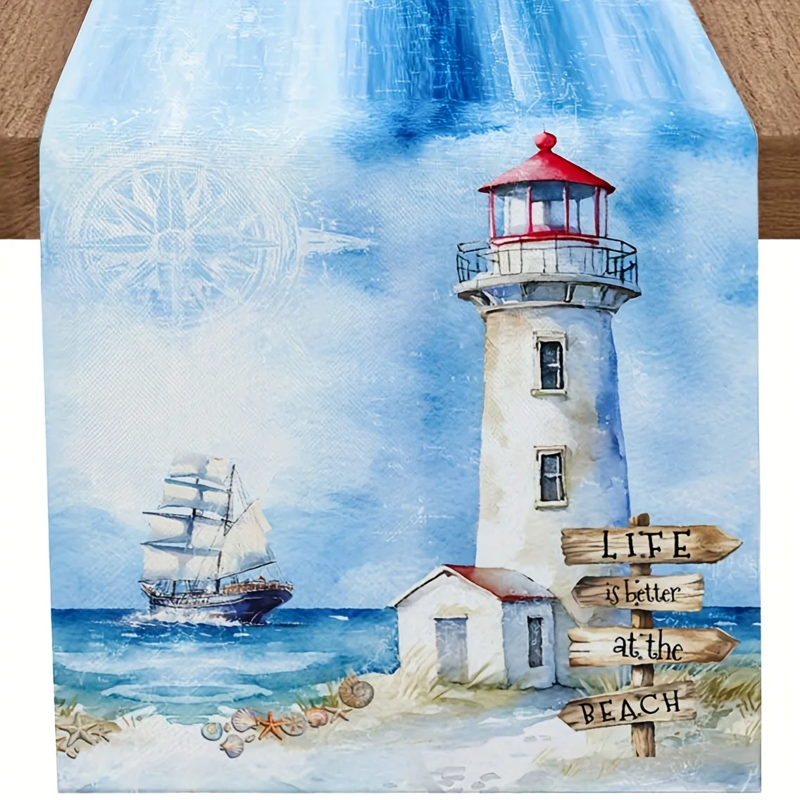 1pc Nautical Blue Lighthouse & Sailboat Table Runner - Fabric Maritime Decor Long Nautical Table Cover For Farmhouse Kitc