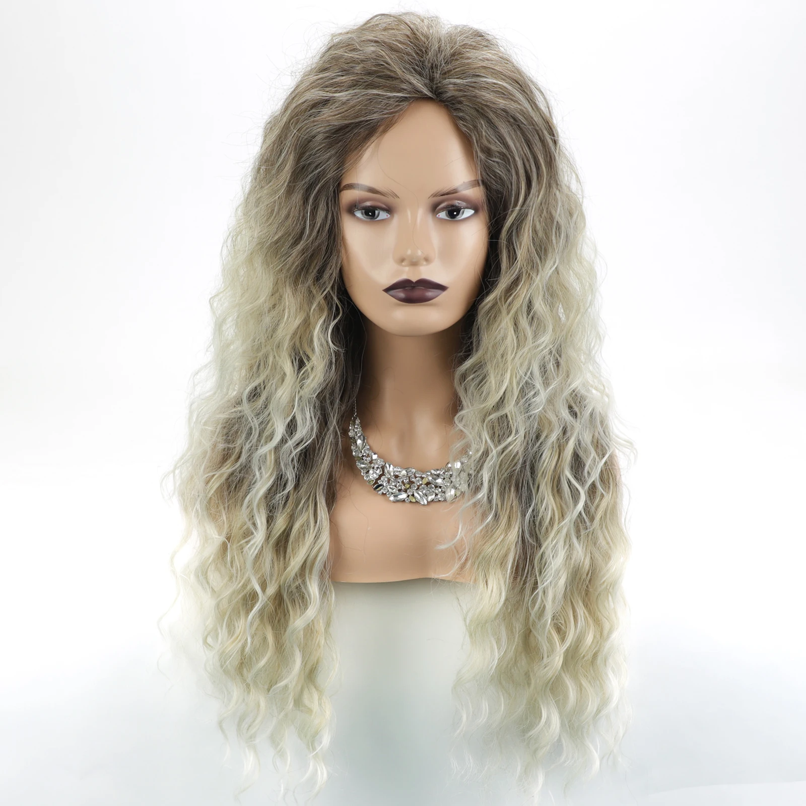 Women\'s Long Curly Synthetic Wig with Side Bangs Fashion Blonde & Brown Water Wave Hair Costume Party Wig for Women Perruque