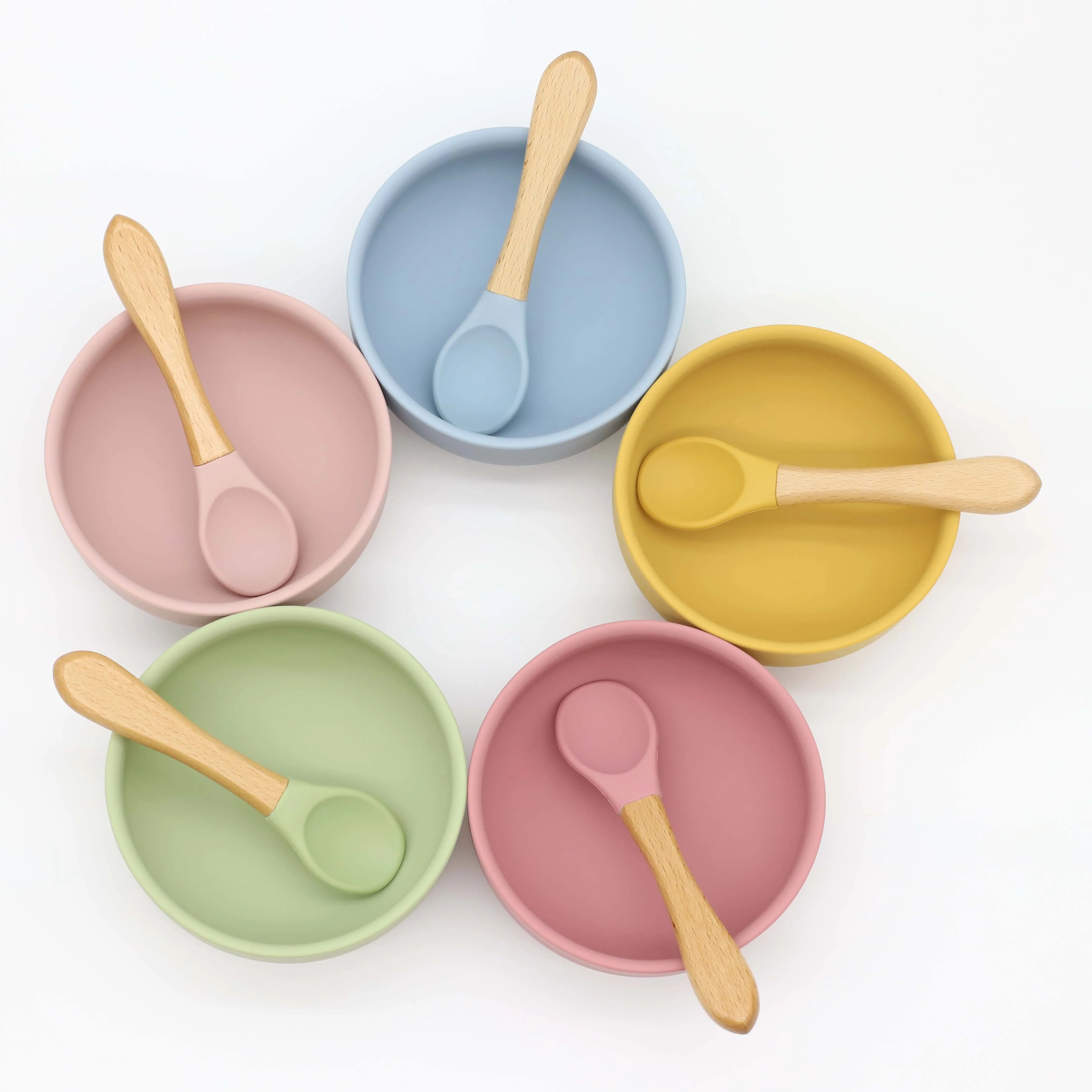 Silicone bowl with suction cup, wooden handle spoon, two-piece set for baby food and feeding utensils