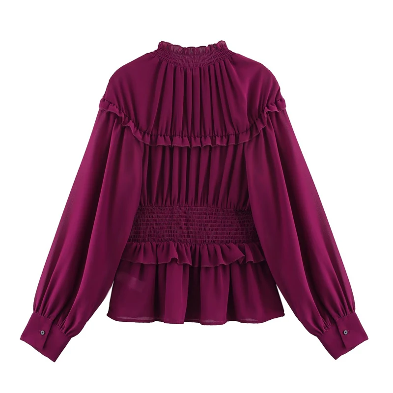 KEYANKETIAN 2025 Lente/Herfst Nieuwe vrouwen Agaric Decoratie Chiffon Shirt Hof stijl Mock Hals Lantaarn Mouw Slanke blouses Top