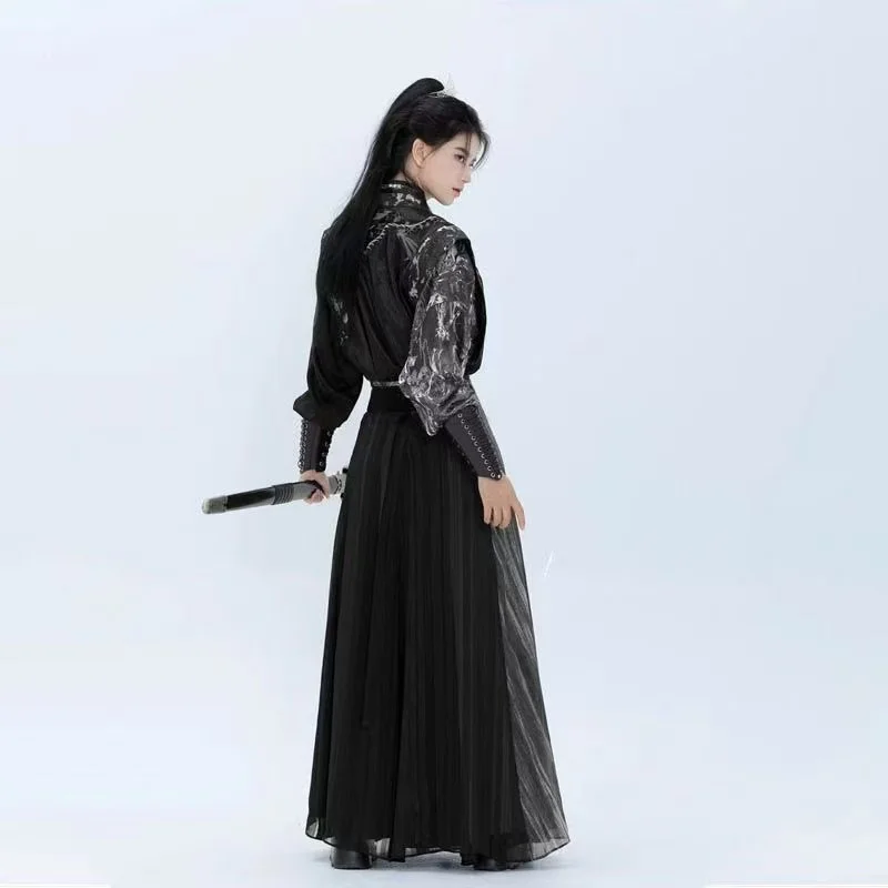 Dark Black Dragon Embroidery Hanfu Men's Tang Dynasty Cross Collar Beizi Skirt Vintage Chinese Martial Art Clothing Cosplay Male