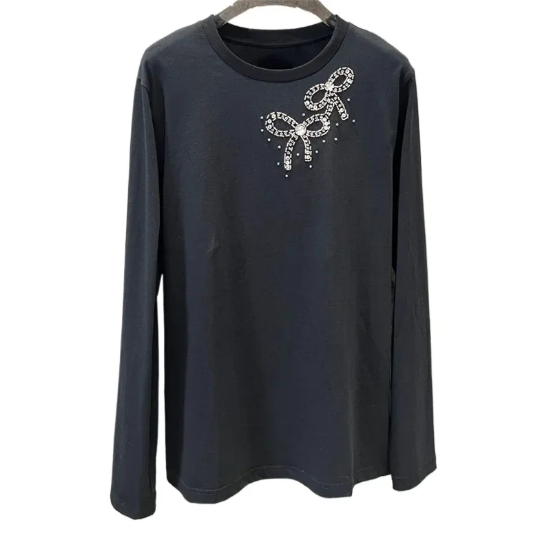 T-Shirt for Women Ui267844 Early Autumn Beaded Embroidery Bow Long Sleeve Loose Casual Simple Versatile Clothes Y2k Top T Shirt