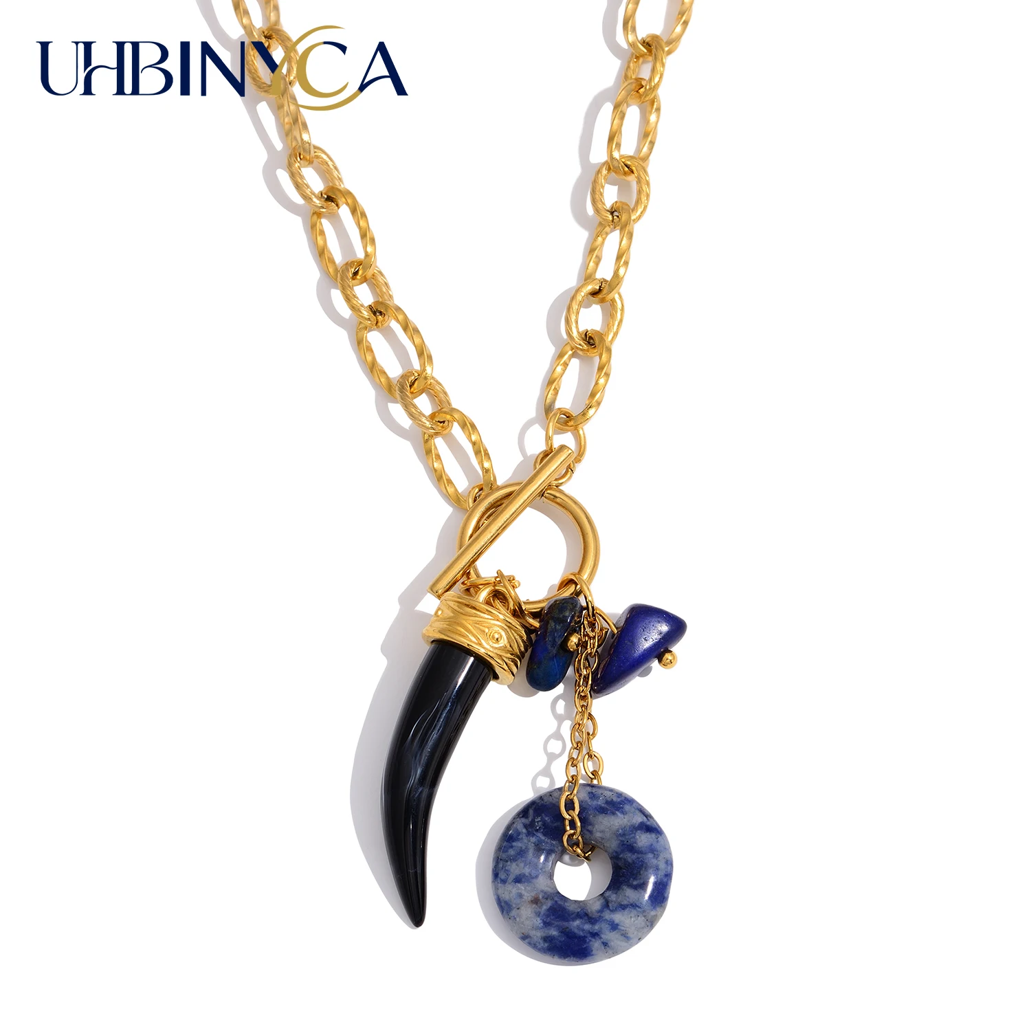 Original Design Necklace, Handmade Artisan Bull Horn Pendant, Tribal 18K Gold Plated Stainless Steel Statement Jewelry for Women