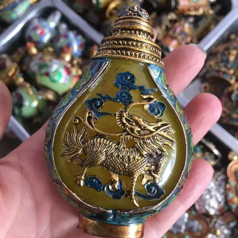Antique-Style Cloisonné Brass Qilin Snuff Bottle, Alloy Ornament, Hand-Held