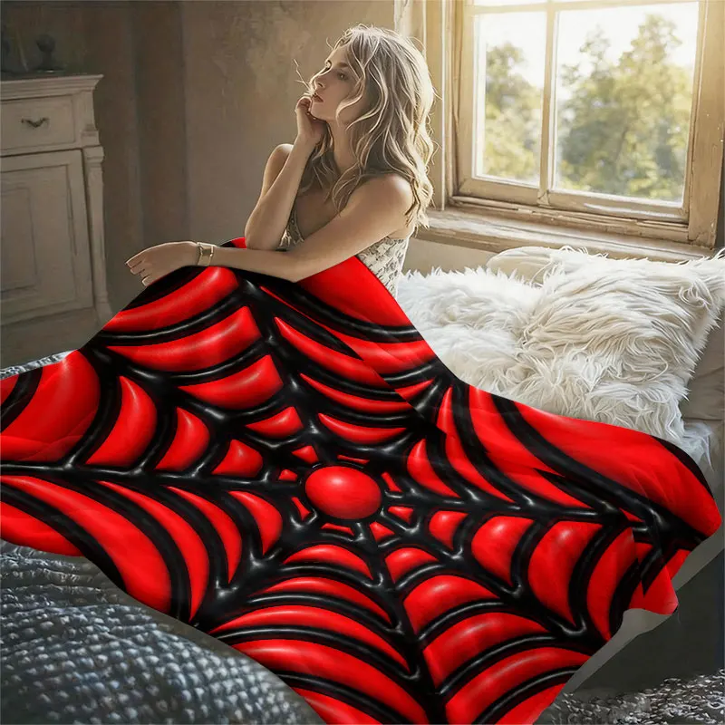 Red Spider Web Flannel Blanket Warm Soft Halloween Christmas Decorative Couch Warm Cozy All-Season Gift