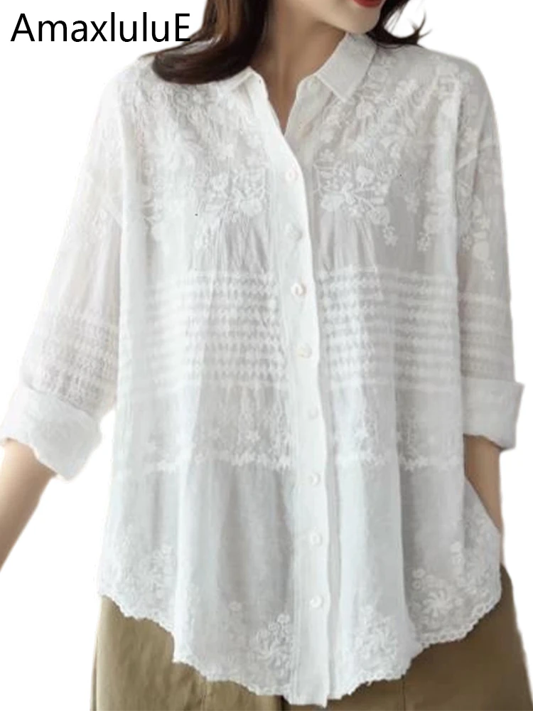 

Amax LuluE, осенние женские классические винтажные свободные рубашки с вышивкой, женская модная блузка с цветочным принтом и v-образным вырезом, топы для отдыха, однотонная одежда