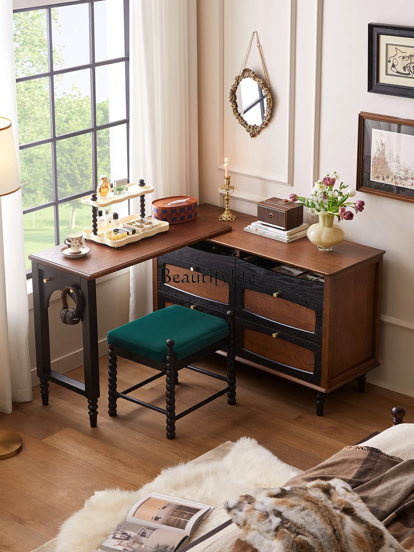 

Medieval style solid wood dresser chest cabinet retro bedroom retractable storage cabinet