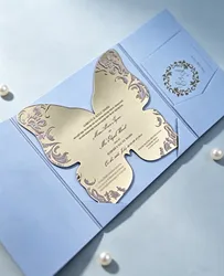 Elegant Butterfly Mirror Gold Acrylic Invitation Card Laser Cut Custom Wedding Invitations 10Pcs with Pocket Tri Fold Envelop