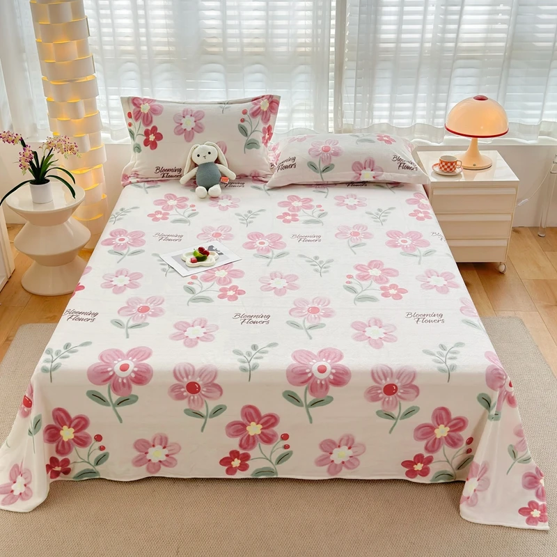 Pink Floral Flannel Flat Sheet 3pcs Bedding Set Lovely Flowers Plush Bed Sheet Polyester Winter Warm Sheets with 2 Pillowcases