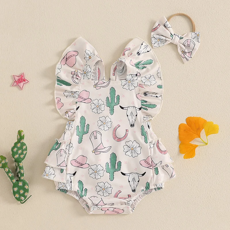 

Newborn Kids Baby Girls Romper Cactus Flower Cow Print Ruffled Flying Sleeve Newborn Jumpsuit Rompers Summer Clothes