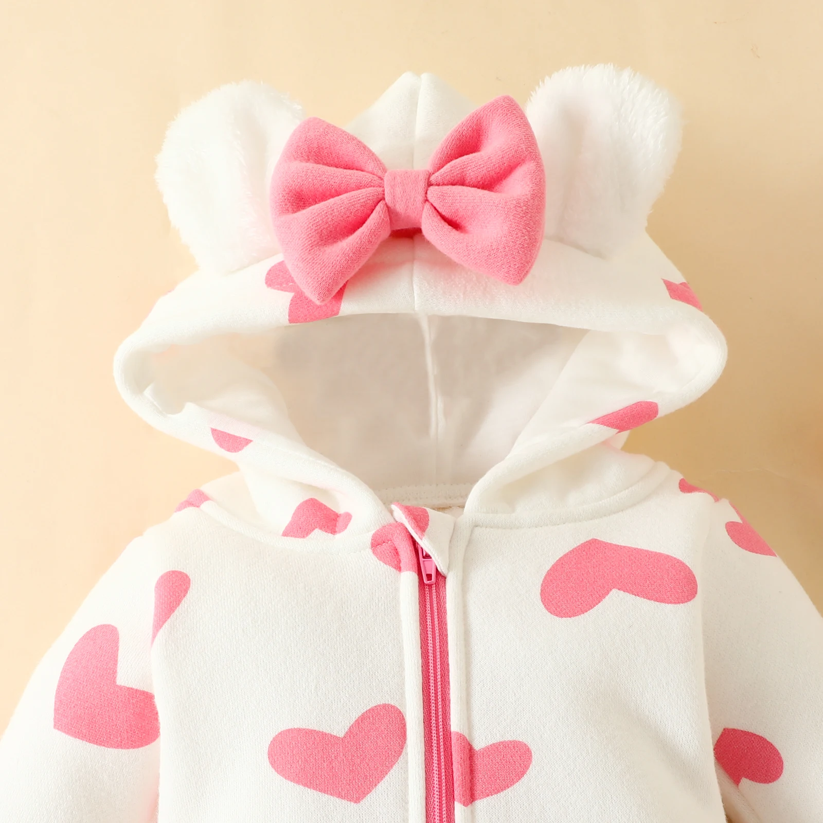 Baby Cute Bow Long Sleeve Hat Zipper Warm Outer Wear Length Baby Romper Girls winter love thick long Baby Romper