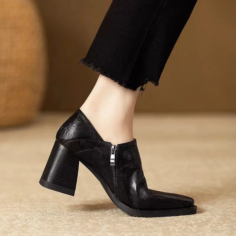 Woman Simple Shoes Sheepskin Retro Thick Heeled Basic Shoes on Heel French Style Loafers Spring Atumn Slip on Dress Work Pumps