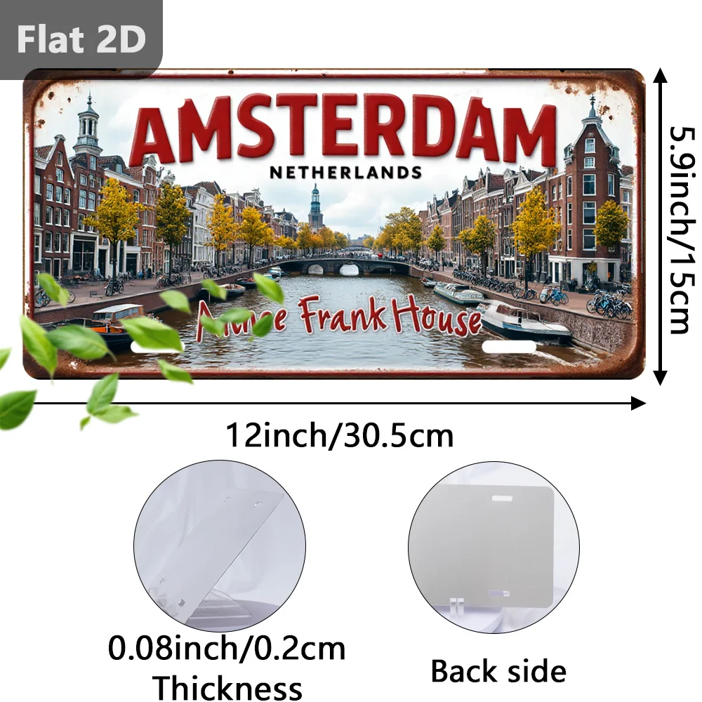 Vintage Amsterdam Canal Sign, 2D Outdoor Wall Art Decor, 12x5.9 Inch Metal Tin Sign for Cafe Garden Garage, Unique Holiday City