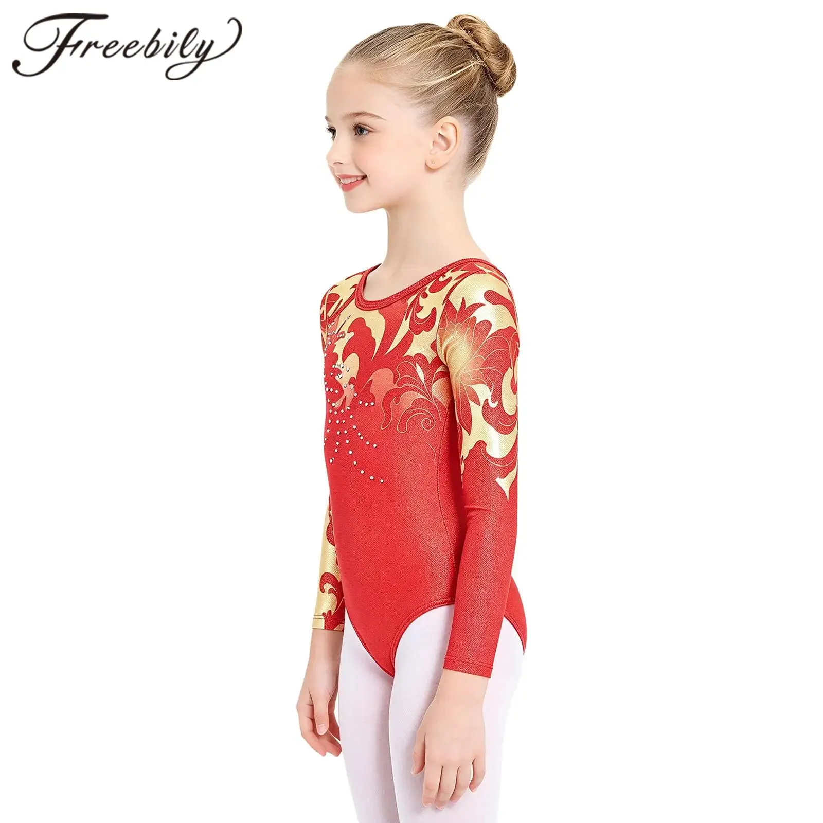 Kids Rhythmic Gymnastics Leotard Children Ballerina Dancewear Floral Printed Figure Skating Bodysuit Girls Ballet Dance Jumpsuit