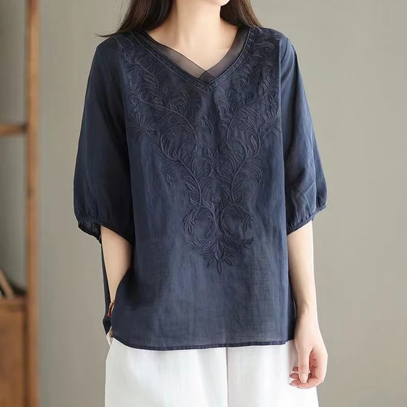 Summer V Neck Embroidery Office All-match Thin Shirt Tops Solid Half Sleeve Loose Vintage Blouse Casual Fashion Women Clothing