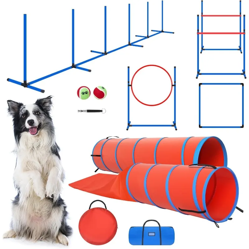 

Dog Agility Training Equipment Set, Obstacle Courses Agility Training Kit for Puppy Includes 2 High Hurdles, Standard Tunnel