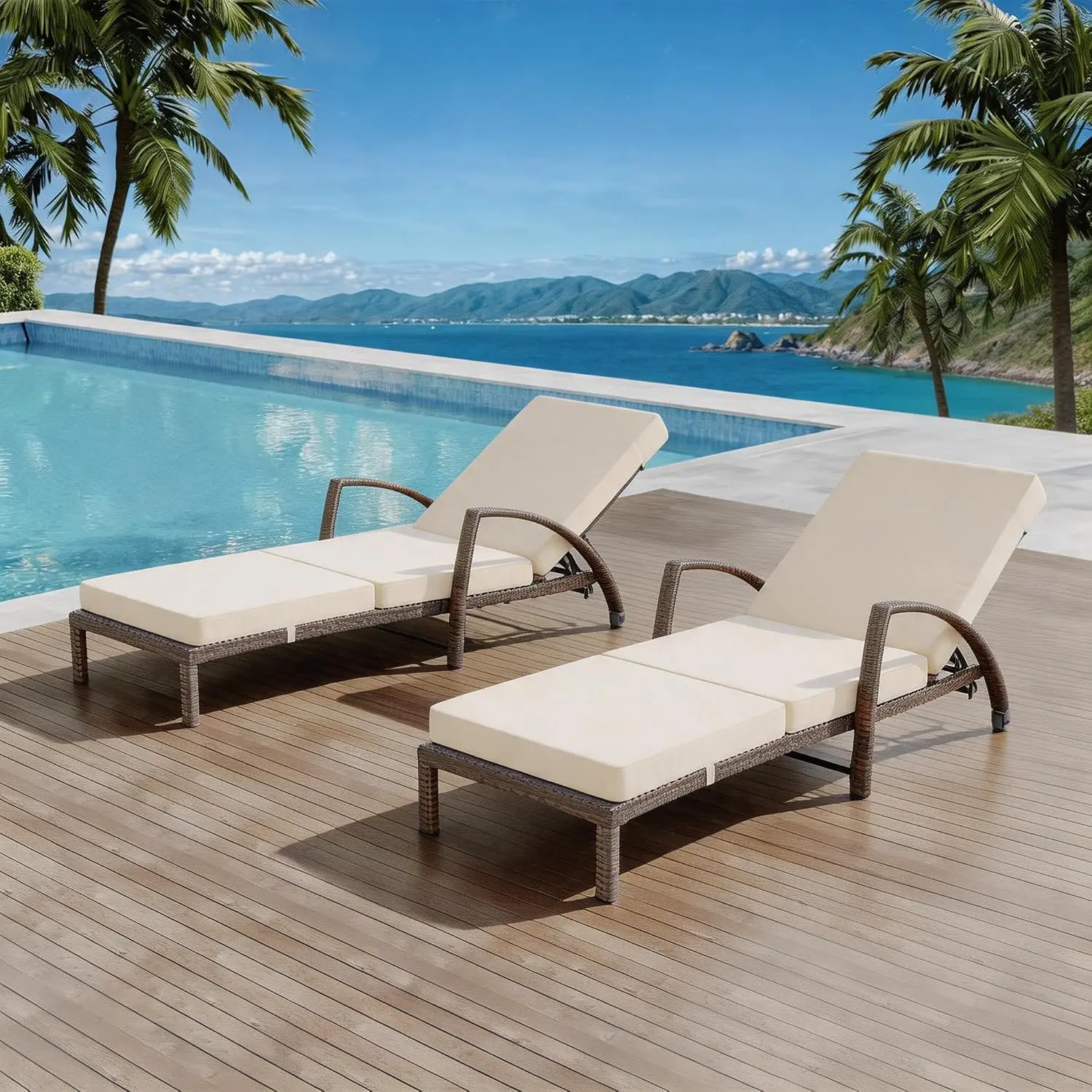 Chaise Lounge Outdoor Set of 2, PE Rattan Wicker Pool Lounge Chairs with 5-Level Adjustable Backrest, Beige Cushion, Armrest