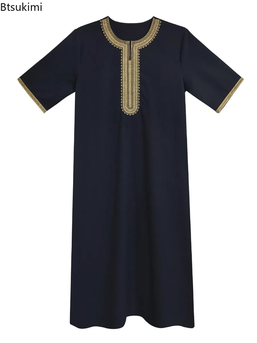 2026 New Muslim Men Dress Ethnic Style Embroidered Abayas Loose Casual Robe Saudi Arabic Kaftan Elegant Breathable Jubba Thobe