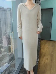 ANGEL Women's Hooded Pullover 100% Mink Cashmere Dress Autumn Winter Long Sleeve Sweater Skirts Casual Fashion Knit Long Dress