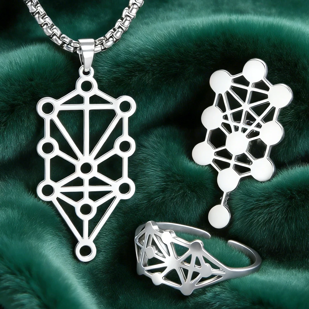 Dawapara Kabbalah Tree of Life Sephirot Necklace Sets Solomon Protection Amulet Necklace Ring Pin Stainless Steel Jewelry Set