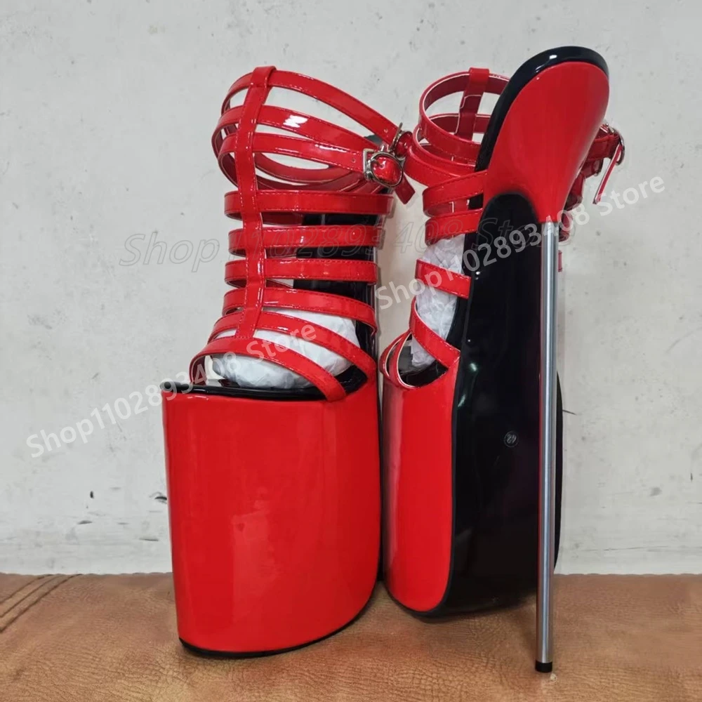 

Red Shiny Belts Strap Hollow Platform Sandals Metal Stiletto High Heel Hot Girls Party Sexy Women Shoes 2025 Summer Para Mujere