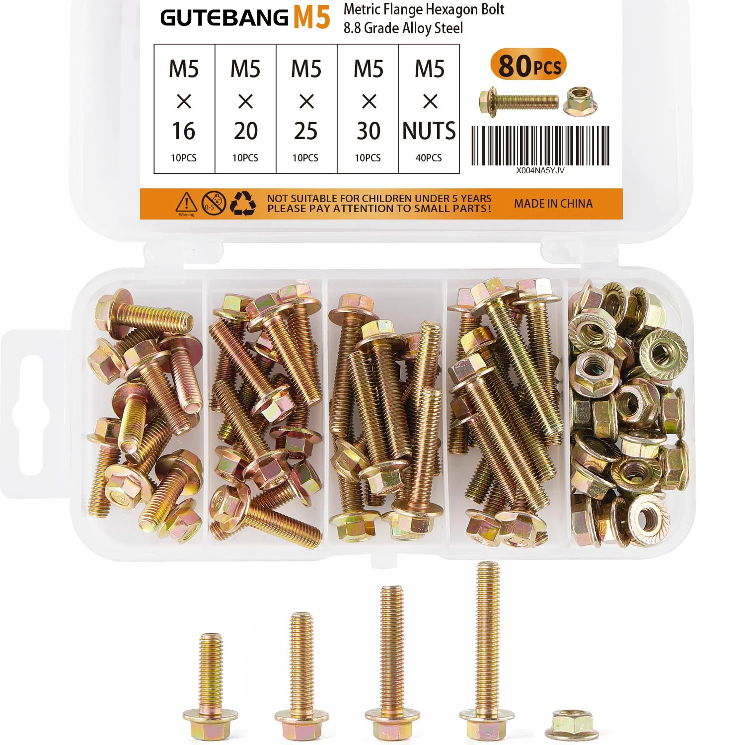 80 قطعة M5x16/20/25/30 مللي متر متري شفة مسدس الترباس مع مجموعة متنوعة من الجوز ، سبائك الصلب الصف 8.8 ، الزنك الأصفر مطلي