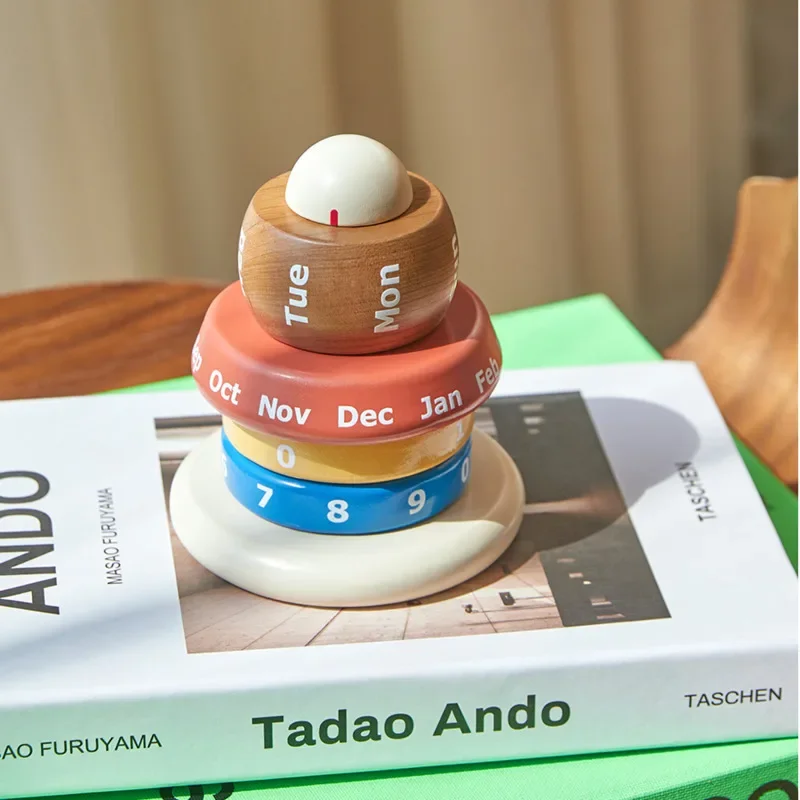 Wooden Desk Calendar Color-Block Perpetual Calendar Rotatable Nordic Date Display Creative Office Decor and Desktop Ornament