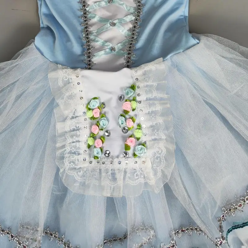 Saia de balé tutu romântico para meninas e crianças, tule macio, vestido longo para performance, Giselle, espanhol, azul