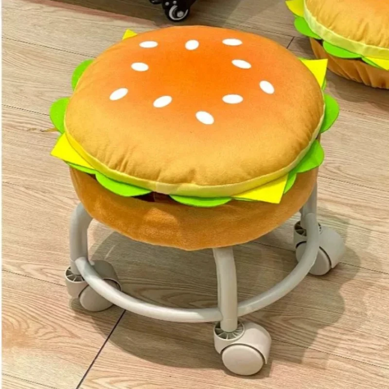 Interior cream style Design Cute Household Furniture Comfortable soft low stool Wheeled chair, low chair hamburger shaped