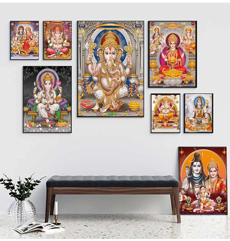 India Hindu Golden Ganesha Temple Poster Shiva Parvati Painting Canvas Prints Elephant God Religion Picture Room Hoom Wall Decor