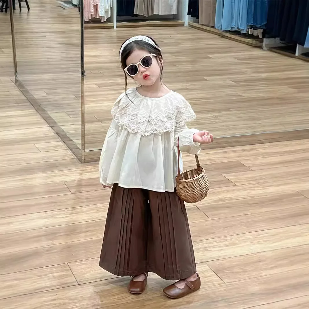 Girls Spring and Autumn Sweet Lace Collar Lantern Sleeve Shirt Forest Style Coffee Wide Leg Pants Set