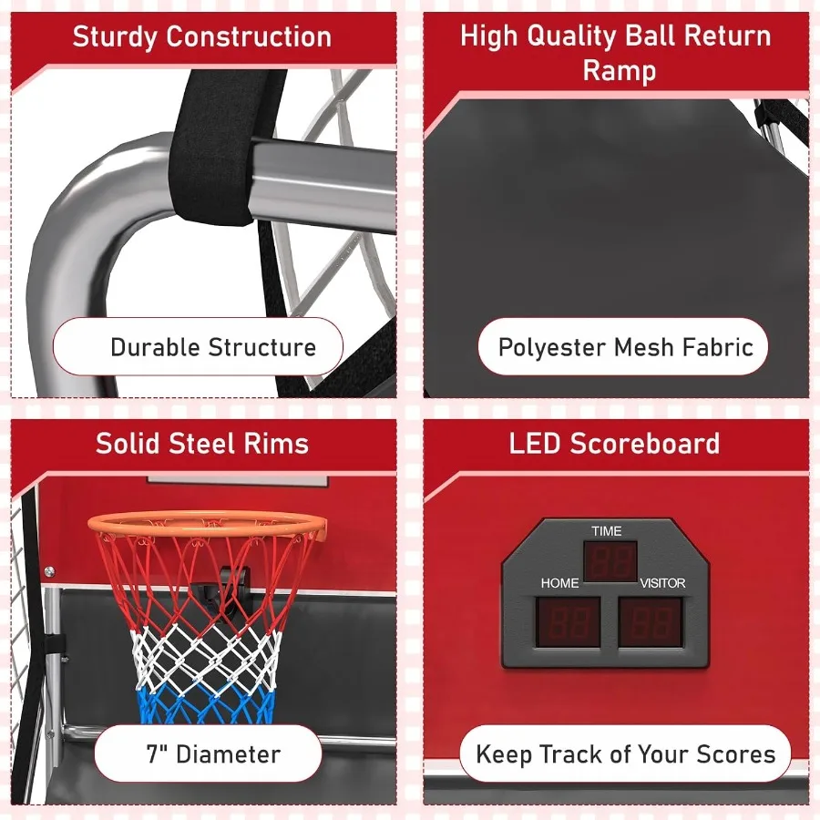 Permainan Arcade Bola Basket Dalam Ruangan dengan Mekanisme Tembakan Ganda 8 Mode Permainan Interaktif Layar Skor LCD 4 Bola Karet Tahan Lama Ideal