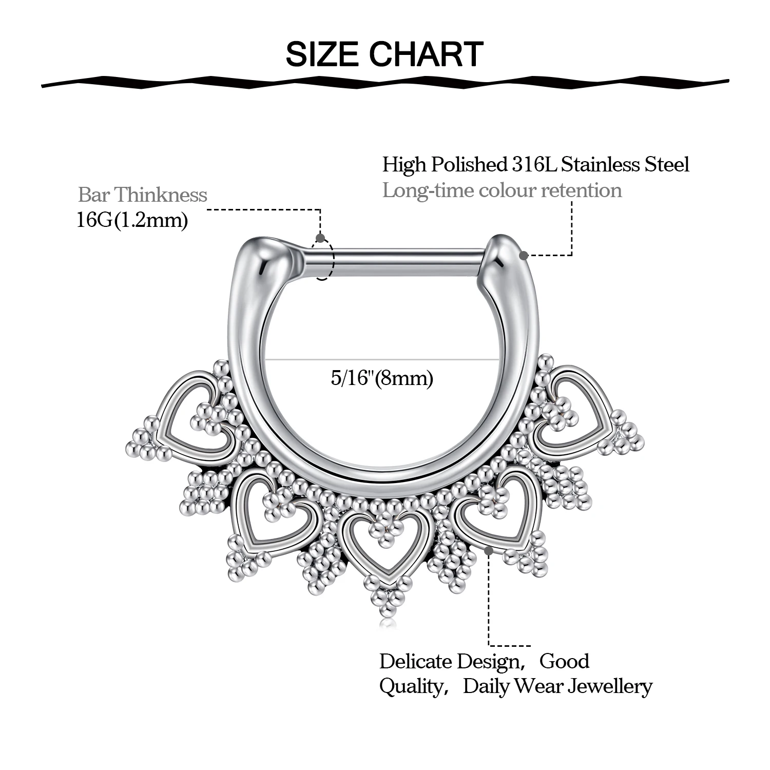 D Shaped Nose Rings Piercing Jewelry 16G 8mm Nose Ring Half Ring CZ Paved D Shape Segment Ring Clicke Cartilage Tragus Helix Lip