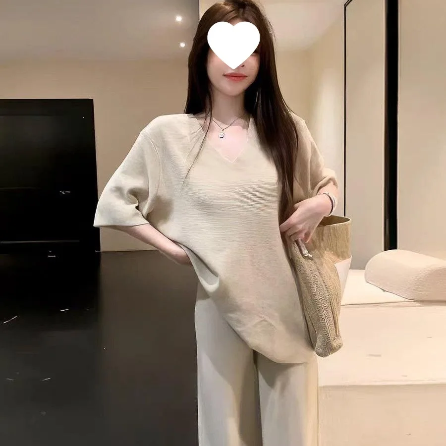 Summer New Loose Wide Leg Pants Women's Fashion Slimming Effect Casual Loose Feeling Short Sleeve Two Piece Set