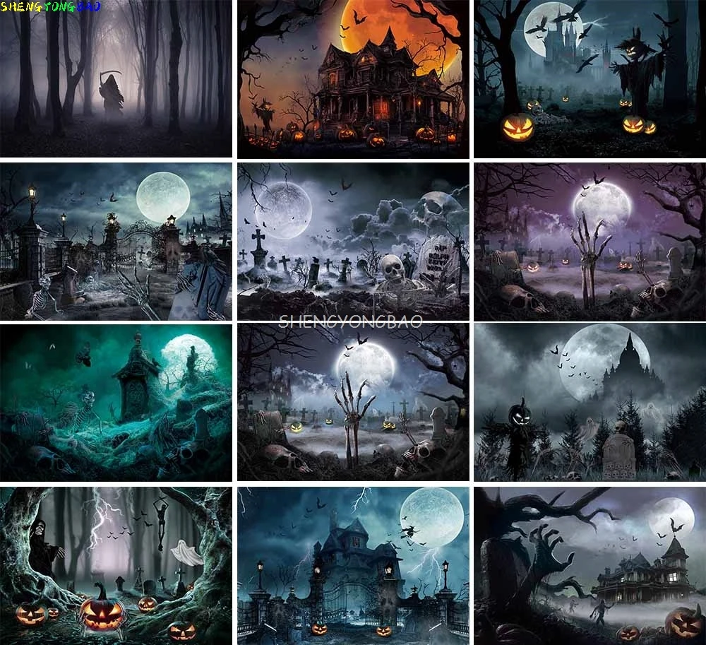 

Halloween Day Spooky Backdrop lanterns Cobwebs Creepy Vanity Filled Wicked Eerie Evil Scary Dark Night Forest Background OA-06