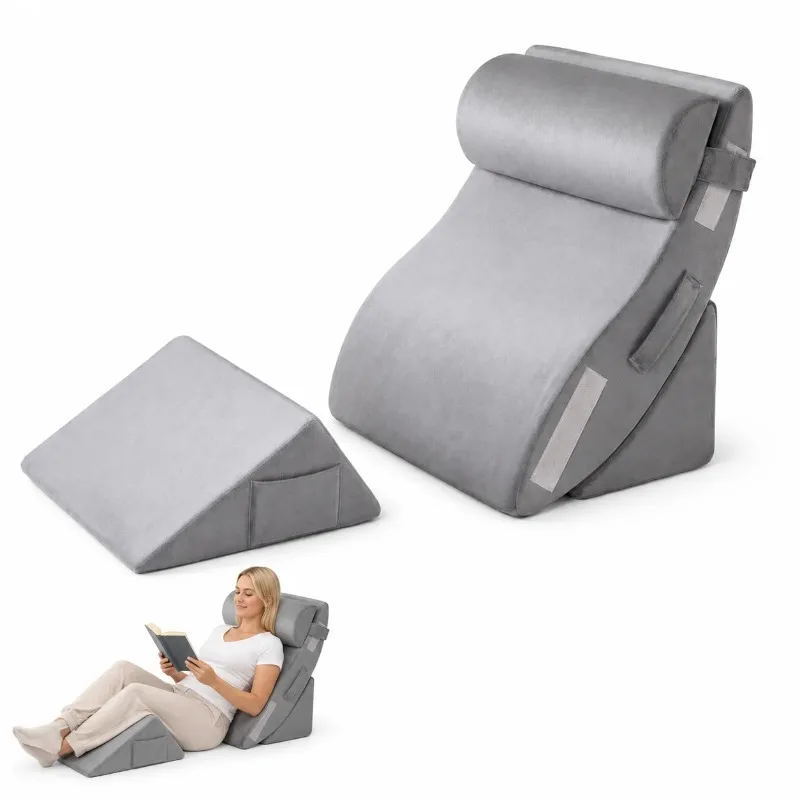 4PCS Adjustable Wedge Pillow Set, Memory Foam Bed Wedge Pillow for Sleeping, Reading, Acid Reflux, Anti-Snoring, Leg Elevation