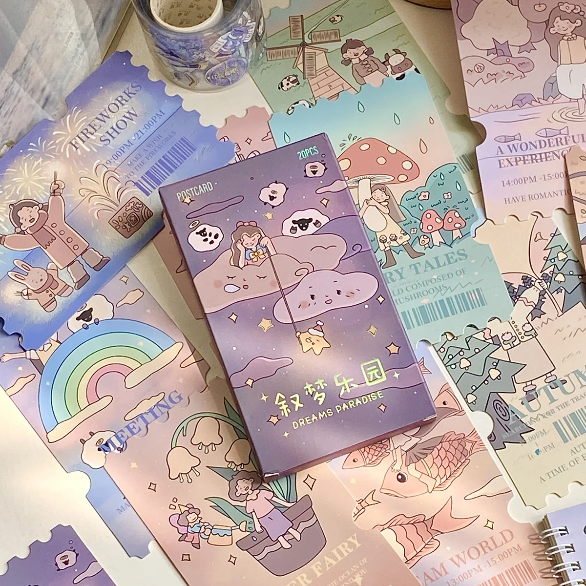JCAC 20pcs/bag Ins-Style Cartoon Ticket Postcards, 