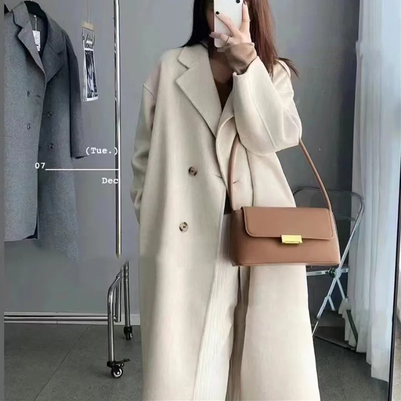 Autumn and Winter Tweed Coat Women Korean Fashion Luxury Solid Color Loose Oversized Double-breasted Long Jackets for Women