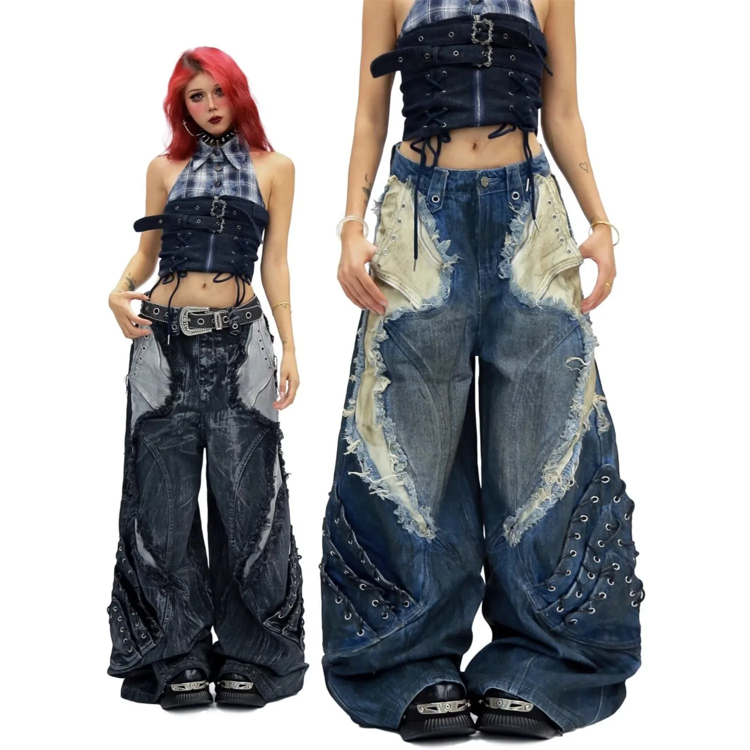 Abandoned Soil Style vintage Ripped Jeans for Women Autumn American Design, Loose and Hanging Straight Leg Wide Leg Pants