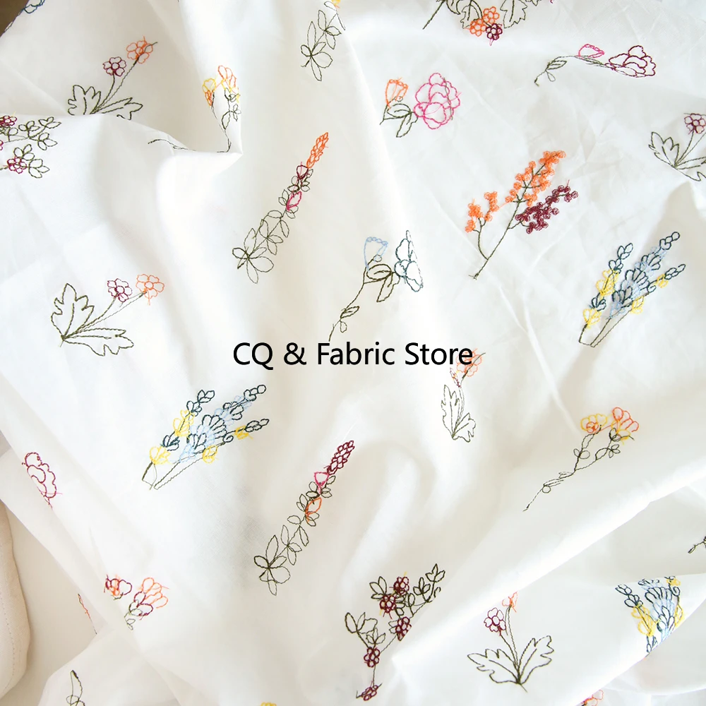 Summer White Pure Cotton Poplin Embroidered Fabric For Clothing Dresses Handmade DIY Fabric Korean Japan Style By The Meter