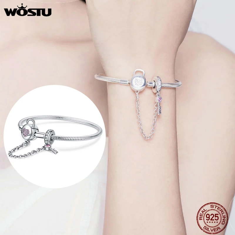 WOSTU 100% 925 Sterling Silver Heart Key Safety Chain Bracelets Pink Zircon Charm Bangle For Women Silver 925 Jewelry CQB143