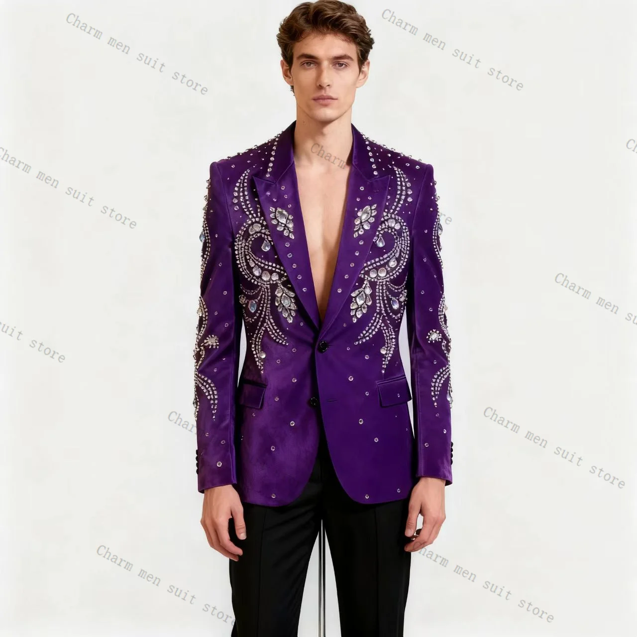 

Purple Men Suits Set 2 Pcs Blazer+Black Pant Trousers Crystals Cotton Wedding Tuxedo Formal Office Business Groom Jacket Coat