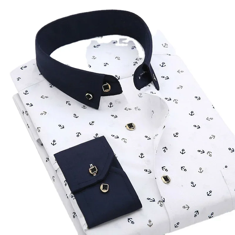 sandra d fit and flare dress Armada Blue Skinny Fit Shirt With Floral Flock