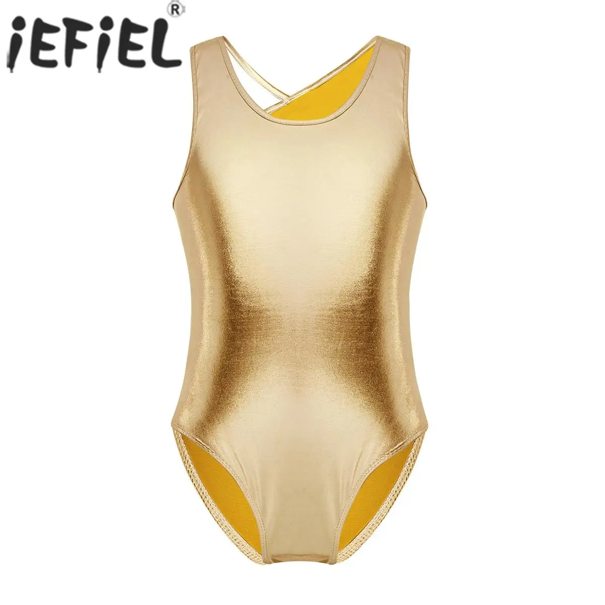 Kids Girls Ballet Dance Gymnastics Figure Skating Yoga Performance Costumes Sleeveless Metallic Shiny Open Back Leotard Unitard