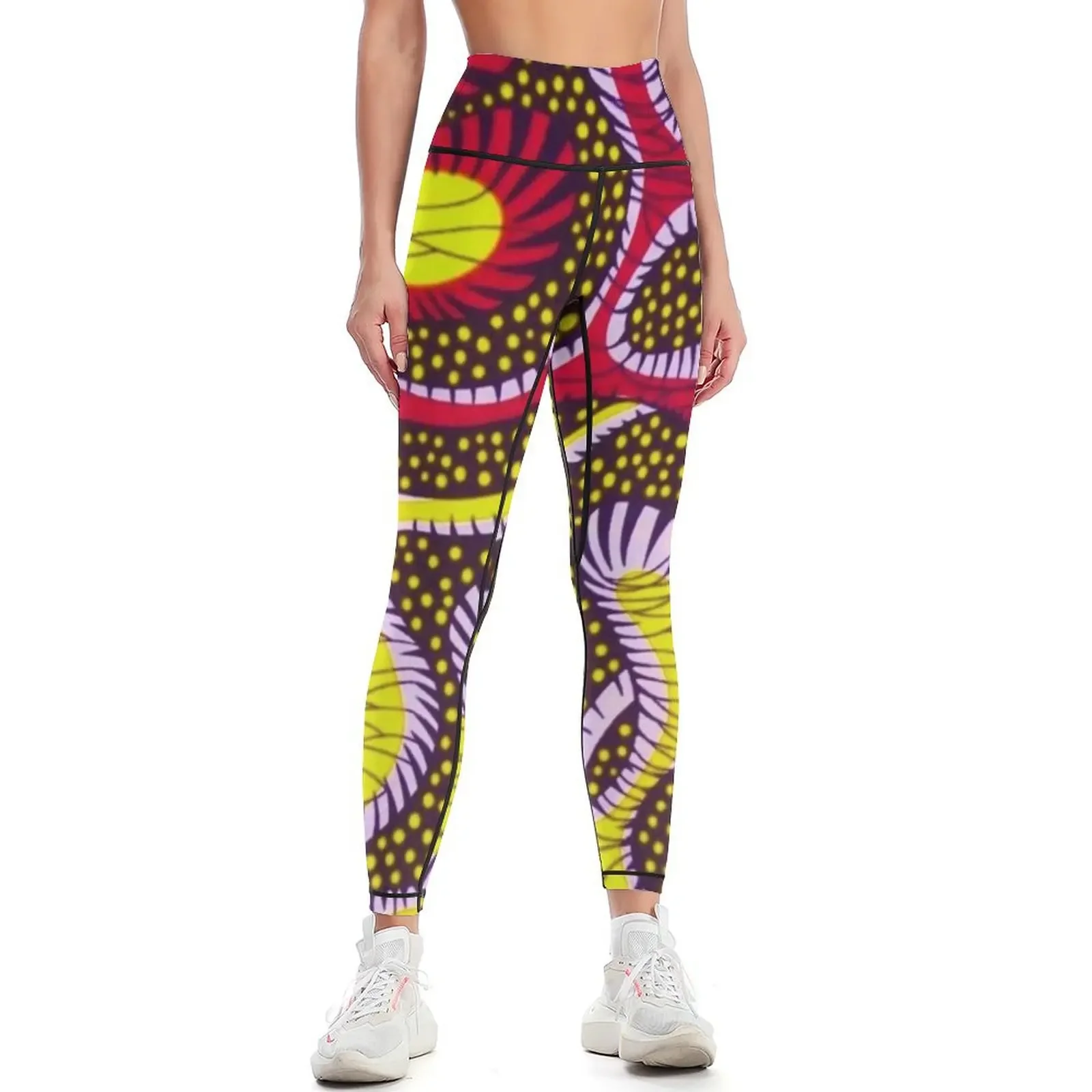 Hand Drawn African Tribal Print (Ankara) with Yellow/ Gold, Red/ Crimson, Purple/ Thistle and Black Tones - Abstract Le Leggings