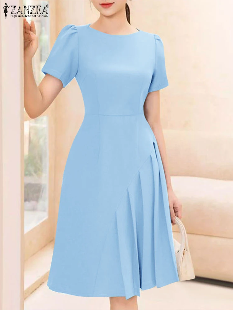 ZANZEA 2025 Woman Fashion Pleated Dress Summer Short Sleeve O Neck Fitted Waist Knee-length Vestidos Elegant Party Robes Femme