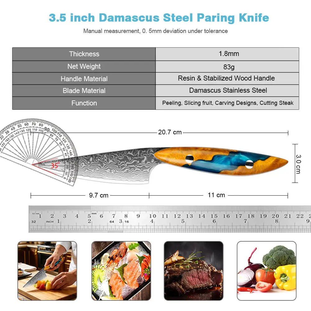 XITUO Japanese Paring Knife Damascus Steel Sharp, Kitchen 3.5 Inch Fruit Knife for Carving Peeling, Resin&Stabilized Wood Handle